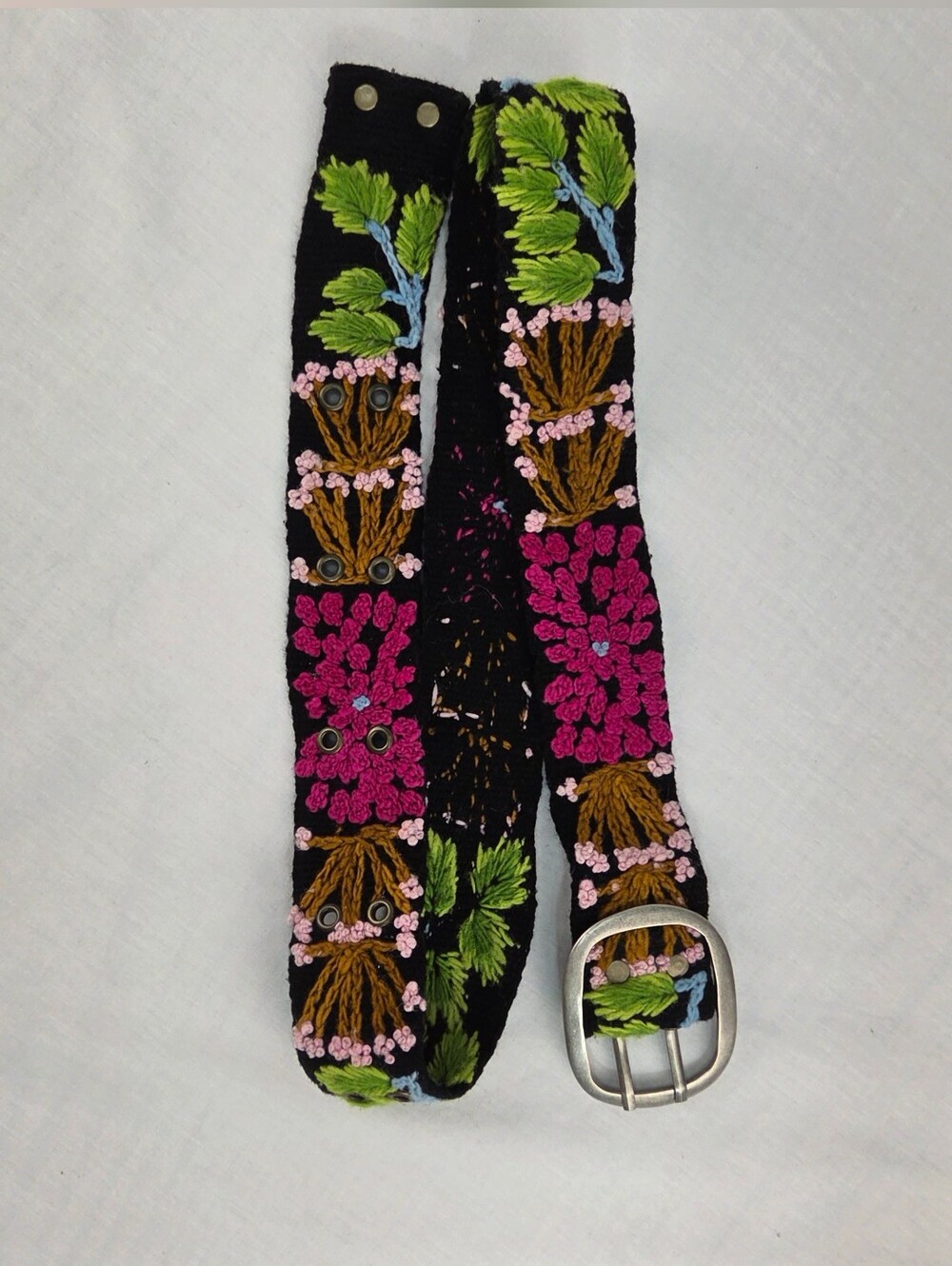 Embroidered Floral Black Belt with Pink & Green Accents